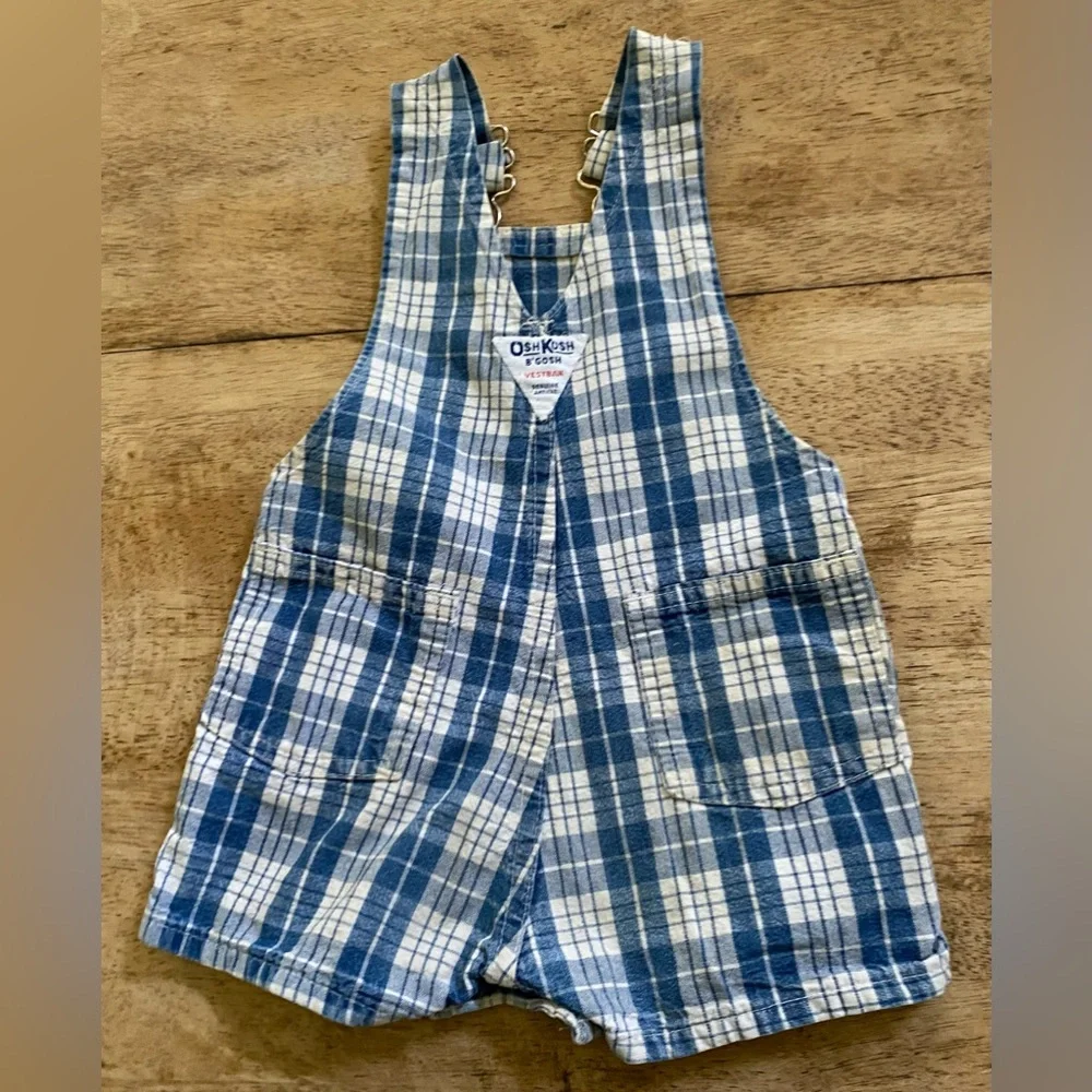 Vintage OshKosh B’Gosh Infant Size 12 Months Blue Plaid Denim Shortalls‎